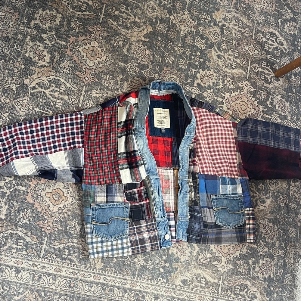 Cute patchwork top! Hand sewn from recycled denim & flannel - Picture 3 of 9
